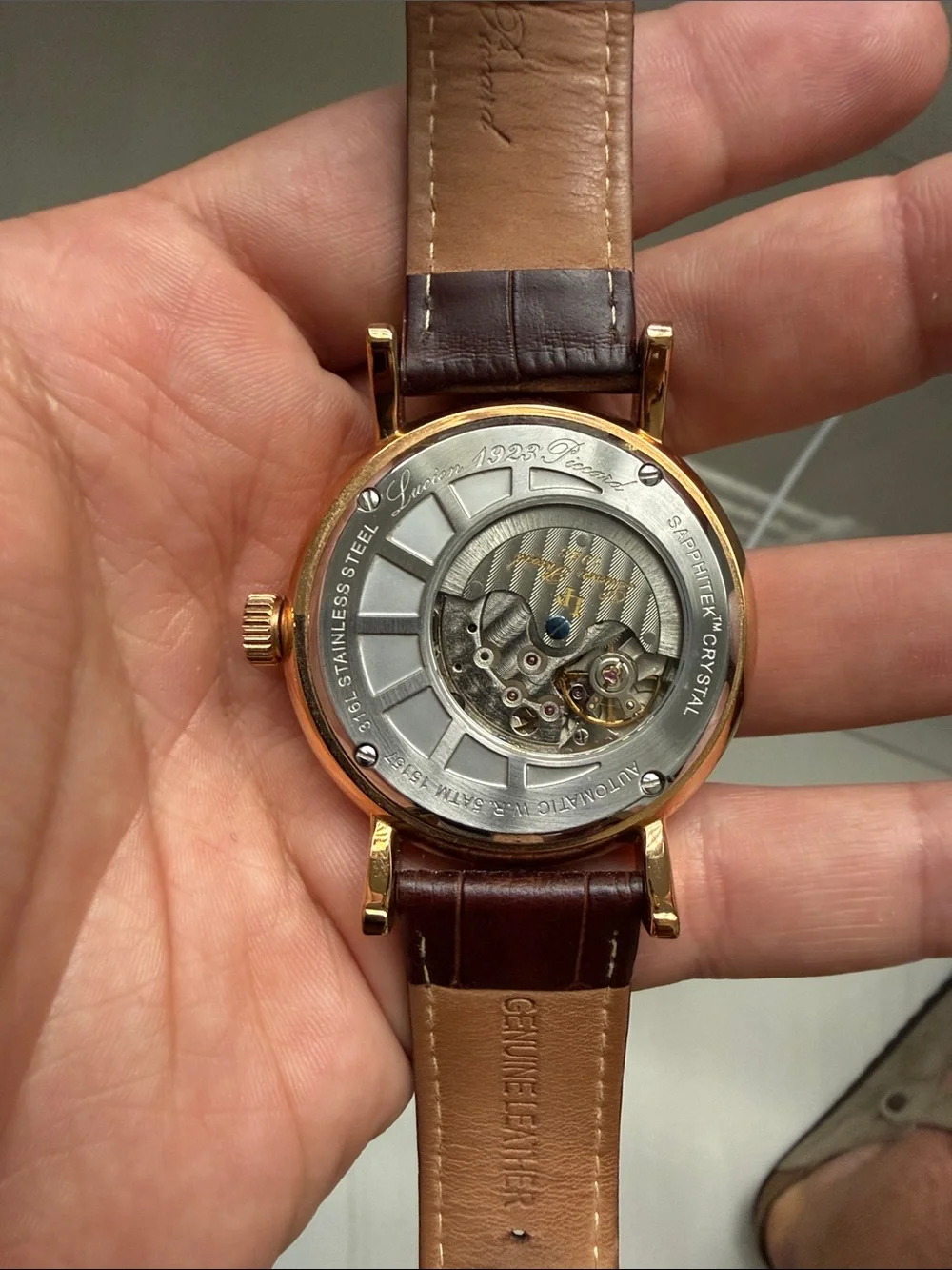 Lucien Piccard Brown Leather Watch with Rose Gold Case and Silver Dial
